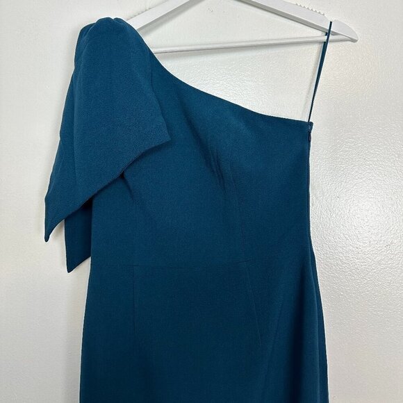 DRESS THE POPULATION Tiffany One-Shoulder Midi Dress in Peacock Blue Size Medium - Picture 7 of 12